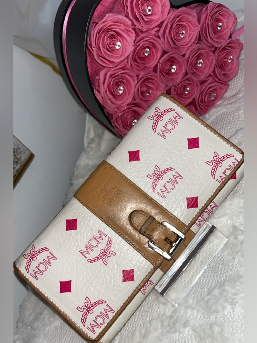 MCM White Wallet with Pink Logo and Tan Leather Strap